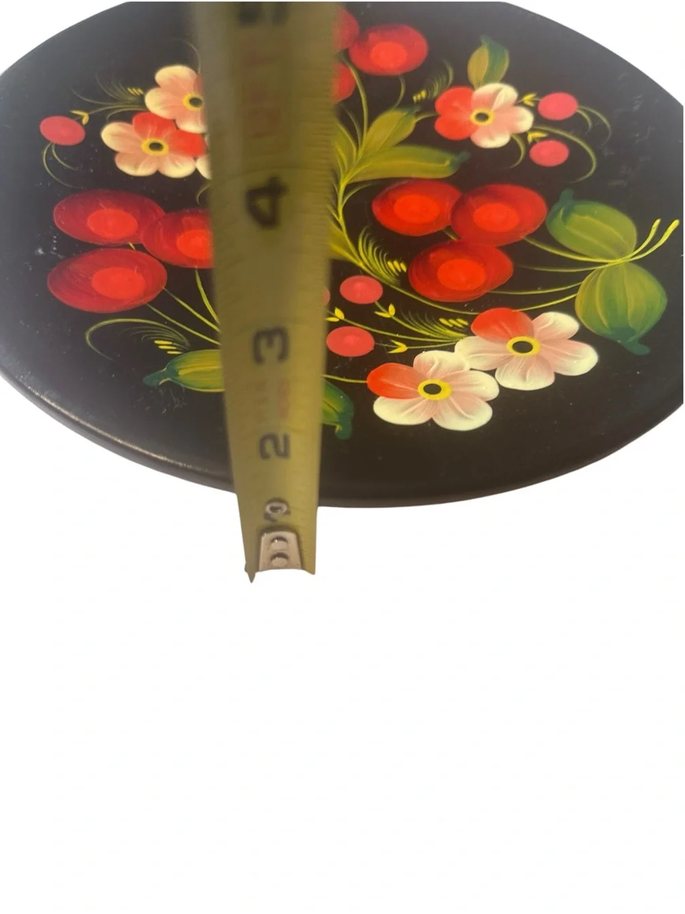 Hand Painted Wooden Floral Wall Plate Folk Art Black Red Flowers 10.5” Decor